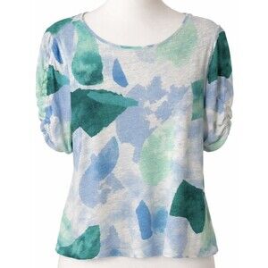 Chico’s 100% Linen Abstract Top Size 2 US L Blue Green Ruched Sleeves